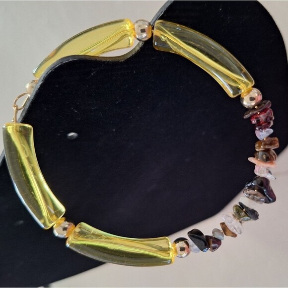 Yellow Bangle Cuff Bracelet Handmade with Stone, Metal, and Plastic - Picture 3 of 6
